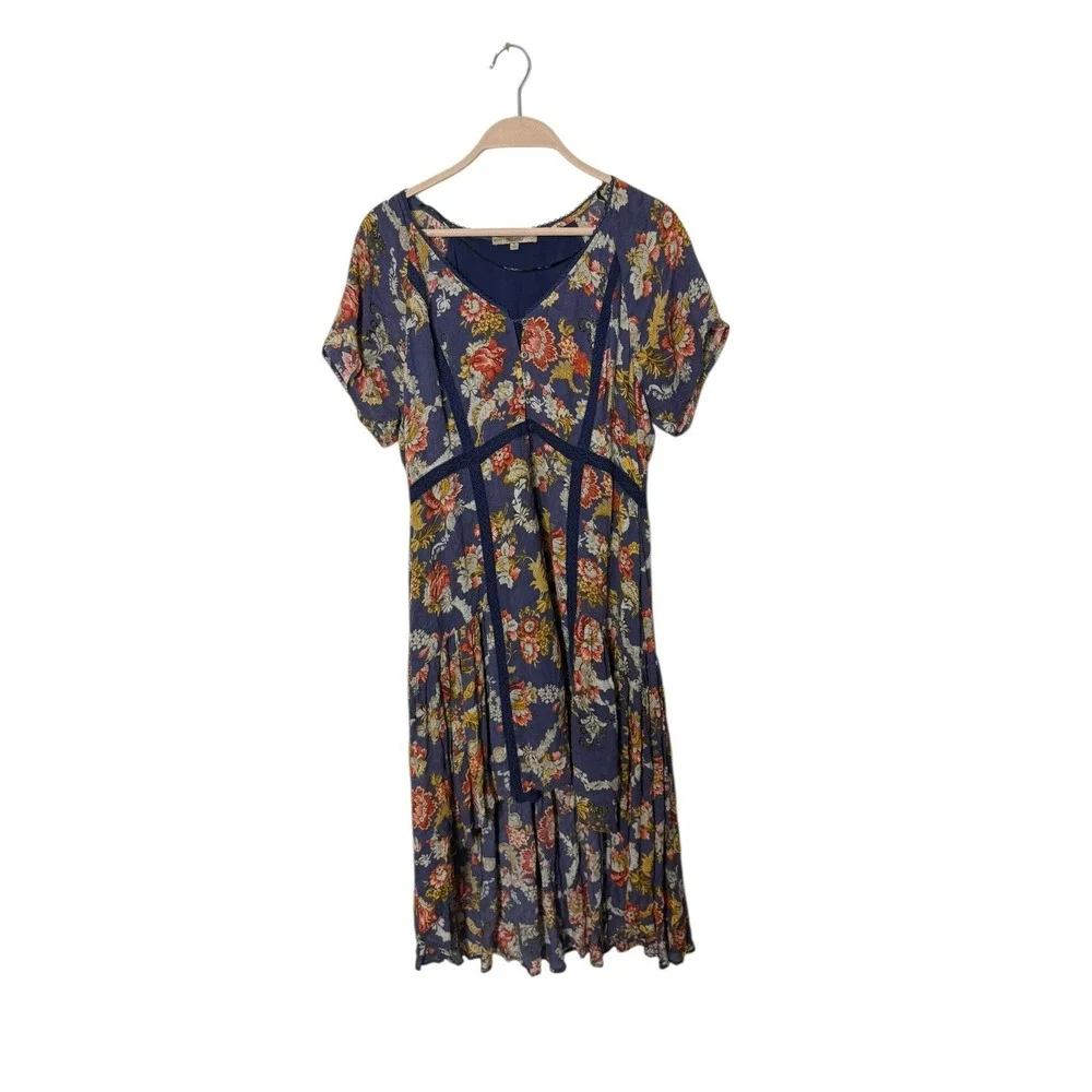 Miss Me Dress Lace Floral Lined High Low Button Front Short Sleeve M